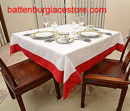 Square Tablecloth. White with color trims. 54 in. Square